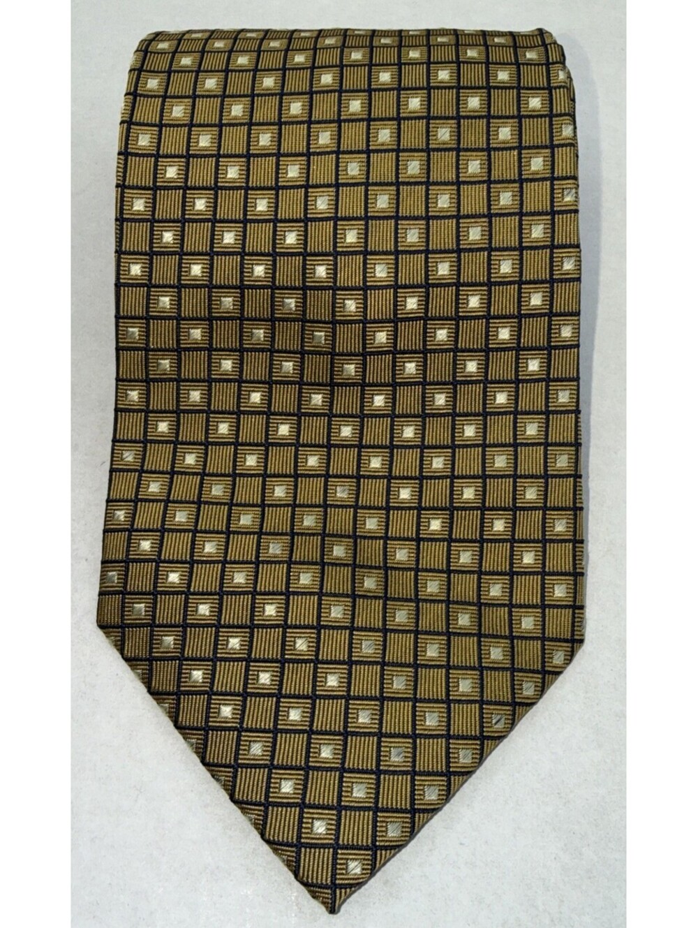 Carven Paris Tie 100% Pure Silk Gold Navy Geometric Made France Designer Necktie